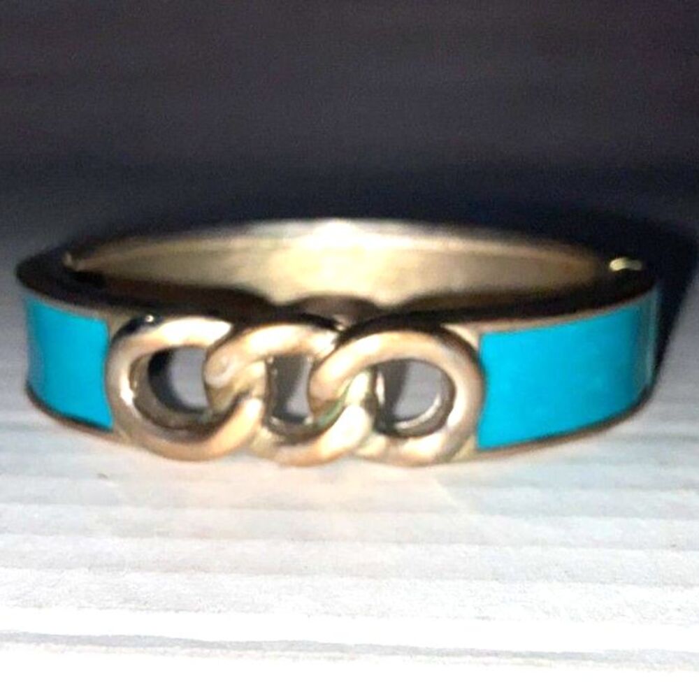 Turquoise Enamel Hinged Bracelet Gold tone Chunky Runway Statement Bracelet